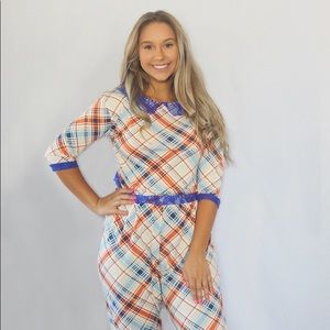 Petite pajamas romper onesie plaid butt pulls down